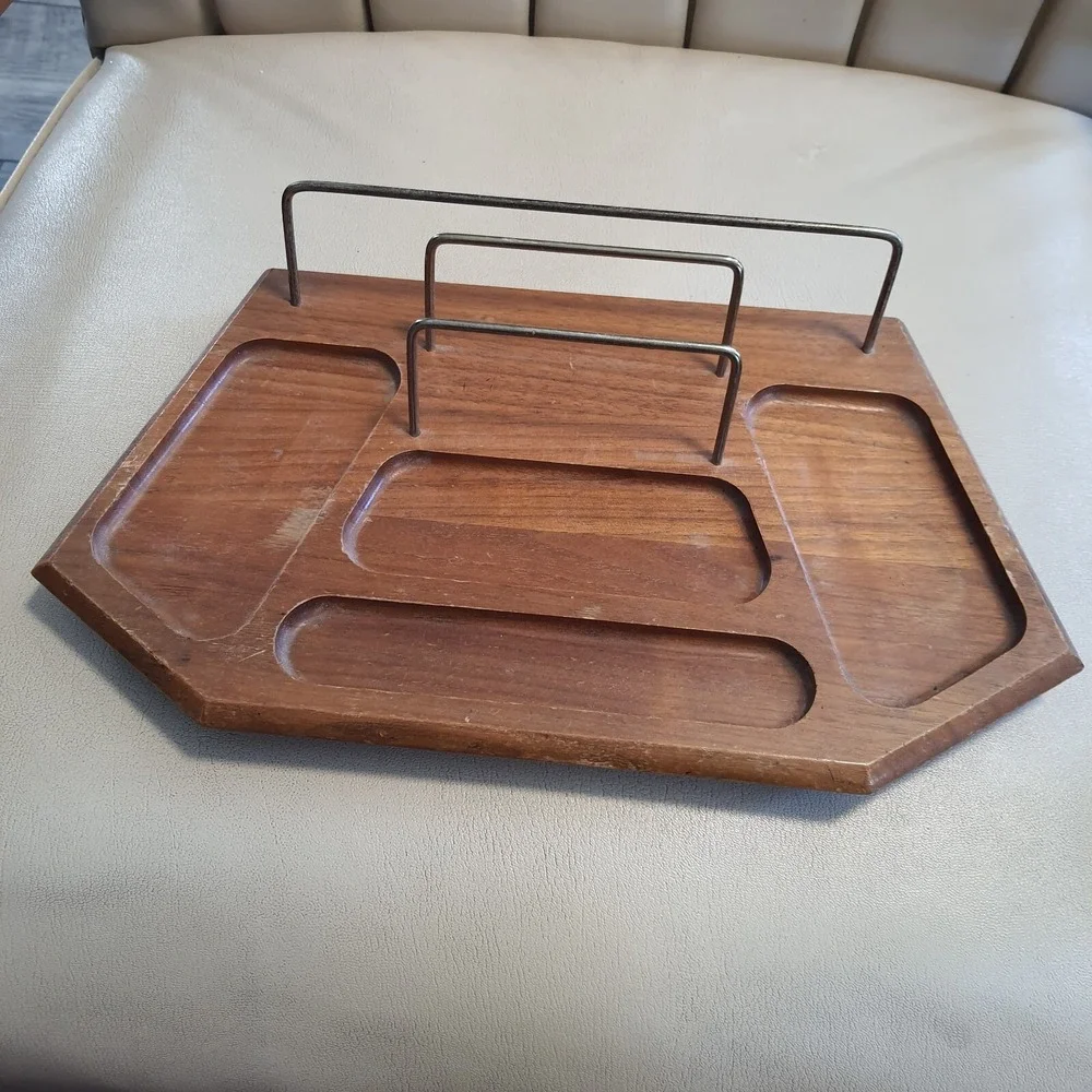 Vintage Setwell Genuine Walnut Wood Brass Dresser Desk Valet Caddy Tray MCM USA